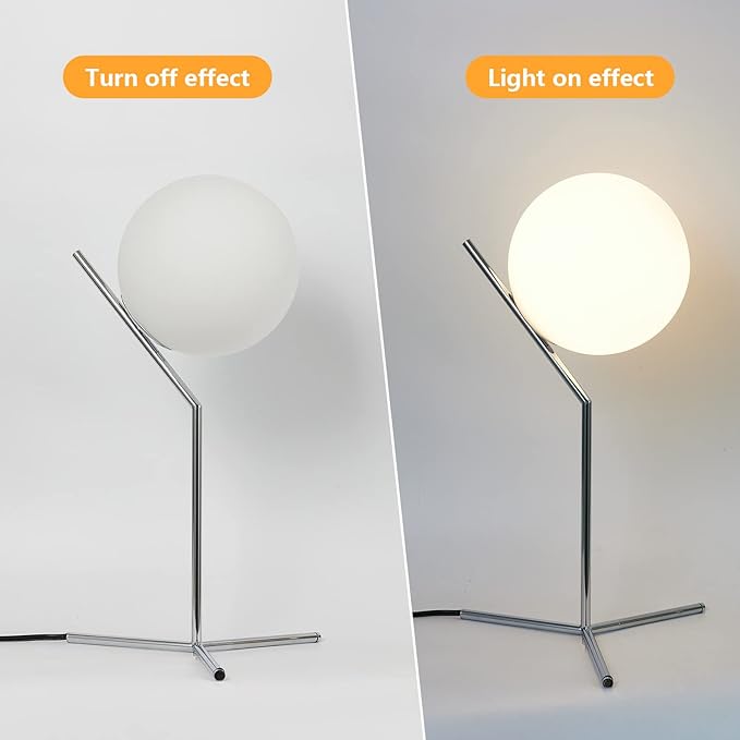 BOKT Modern Chrome Metal Globe Table Lamp Contemporary Milk White Glass Reading Lamp 1-Light E26 Table Standing Lamp Home Decor Glass Ball Iron Lighting Fixture for Bedside Hotel Shop Office Gifts