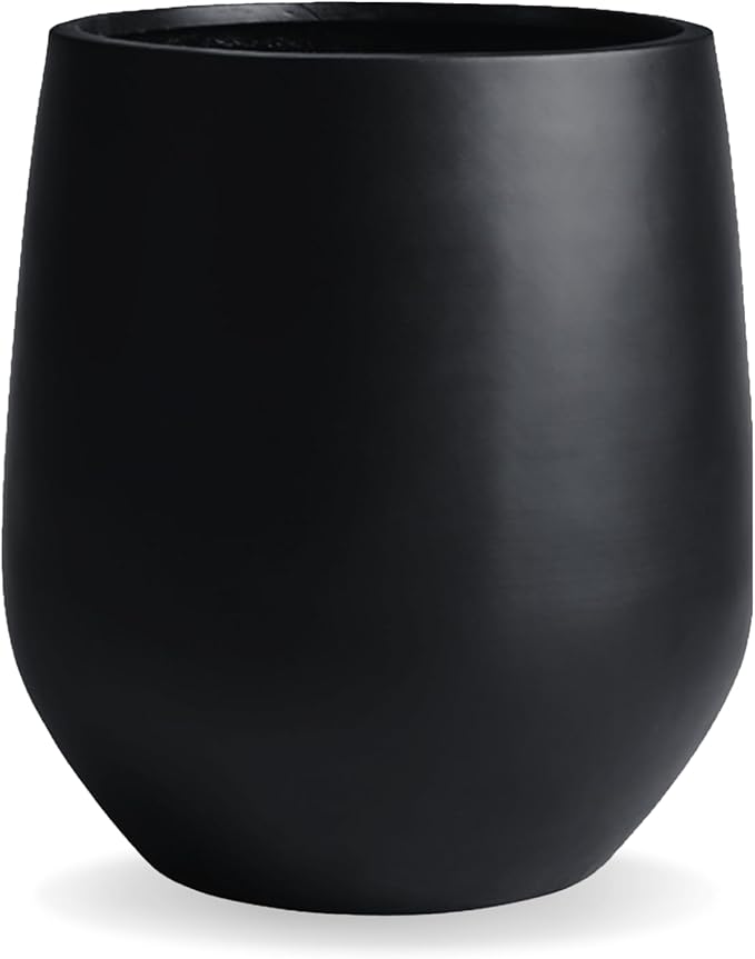 12.5" H x 11.4" D Corso Fiberstone Round Tapered Planter with Drainage Hole, Smooth Finishes, Weather Resistant for Indoor and Outdoor Use, Included 2 Extra Coco Mats (Black, 9" Pot Opening)