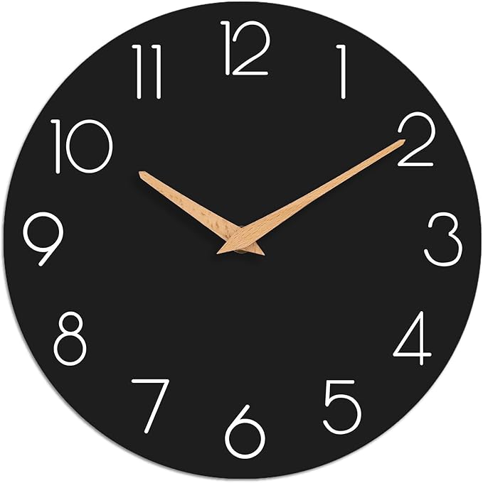 Wall Clock, 10 Inch Wooden Silent Non-Ticking, Decorative Battery Operated Wall Clocks for Bedroom, Kitchen, Home, Living Room, Office, School, Hotel (Black)