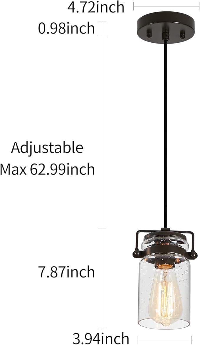 Pendant Lighting for Kitchen Island, Modern Glass Pendant Light Linear Chandelier for Dining Room, 1 Light Industrial Hanging Light Fixture Adjustable Cord Farmhouse Ceiling Light Black Finish