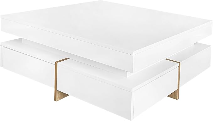 Modern Coffee Table with Storage, Contemporary Square Coffee Table with Drawers, High Gloss Modern Center Table for Living Room, Reception Room, Office, White, 31" D X 31" W X 11" H