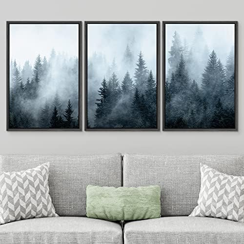 SIGNWIN Framed Canvas Print Wall Art Set Winter Fog Mist Pine Tree Mountain Forest Nature Wilderness Photography Modern Art Landscape Relax/Calm for Living Room, Bedroom, Office - 16"x24"x3 Black
