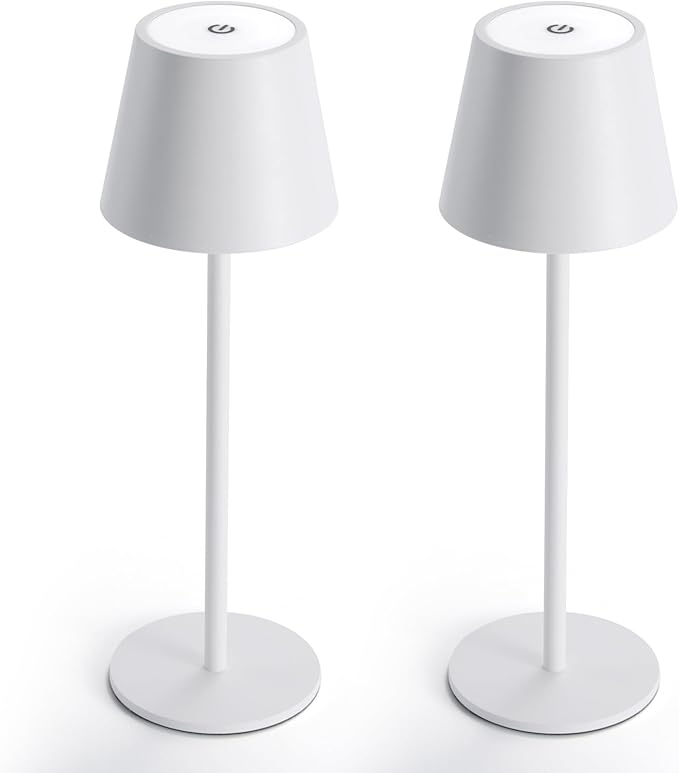Maksone 2 Pack LED Cordless Table Lamp, 6600mWh Rechargeable Battery Desk Lamp, 3000K Stepless Dimming Night Light, IP54 Waterproof Metal Outdoor Portable Lamp for Camping, Restaurant (White)