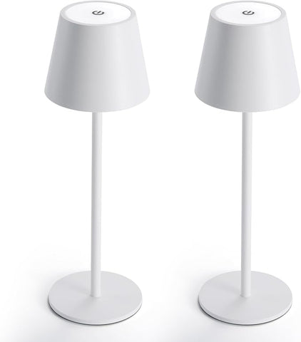 Maksone 2 Pack LED Cordless Table Lamp, 6600mWh Rechargeable Battery Desk Lamp, 3000K Stepless Dimming Night Light, IP54 Waterproof Metal Outdoor Portable Lamp for Camping, Restaurant (White)