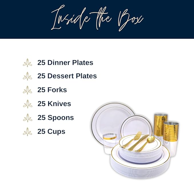 Tableware Dinnerware Set, Premium Heavyweight, Reusable or Disposable Party Plates, Includes Dinner Plate, Dessert Plate, Cutlery, and Cup (Gold, 150-Piece Set, Serves 25 Guests)