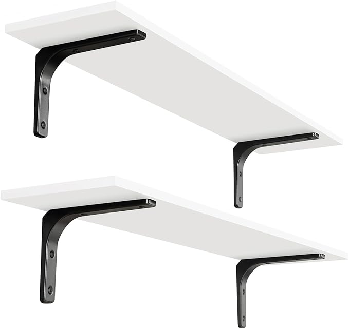 DINZI LVJ Long Wall Shelves, 31.5 x 7.9 x 6.1 Inches, Set of 2 White Floating Shelves, Easy-to-Install, Large Storage Ledges with Sturdy Metal Brackets for Living Room, Bathroom, Bedroom, Kitchen