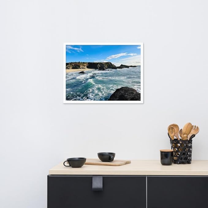 Bodega Bay Coastal Wall Art – Framed Ocean Photography Print – California Nature Landscape Poster – Seascape Decor for Living Room or Bedroom - (18x24 inches)- Wooden Framed (White)
