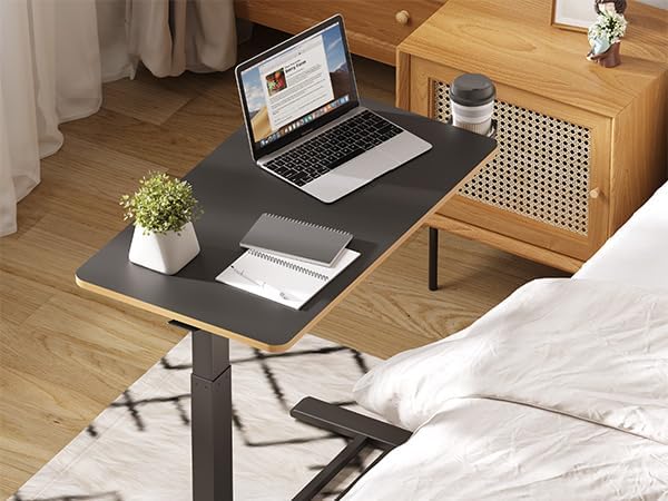 Medical Overbed Adjustable Bedside Table with Hidden Casters, Pneumatic Mobile Rolling Laptop Standing Desk with Tray for Home and Hospital Use, Black
