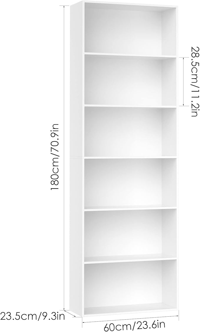 FOTOSOK 6-Tier Open Bookcase and Bookshelf, Freestanding Display Storage Shelves Tall Bookcase for Bedroom, Living Room and Office, White