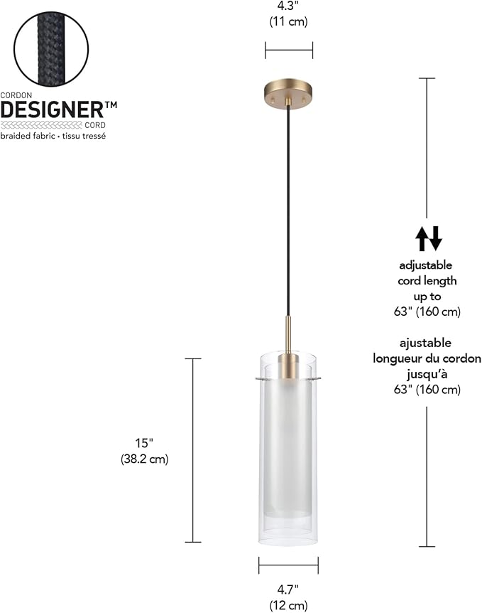 GLOBE Electric 65698 Sydney 1-Light Pendant Lighting, Matte Brass, Clear Glass Outer Shade, Frosted Glass Insert