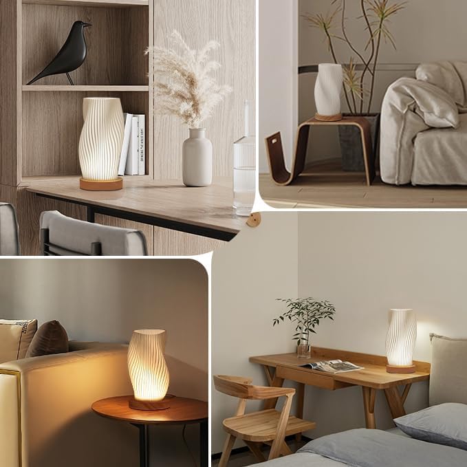 Bedside Lamp with Woodbase - Button Control Table Lamp for Bedroom 12 Way Dimmable Nightstand Lamp with PLA Lampshade for Living Room, Kids Room, College Dorm, Office, Mothers Day Gifts