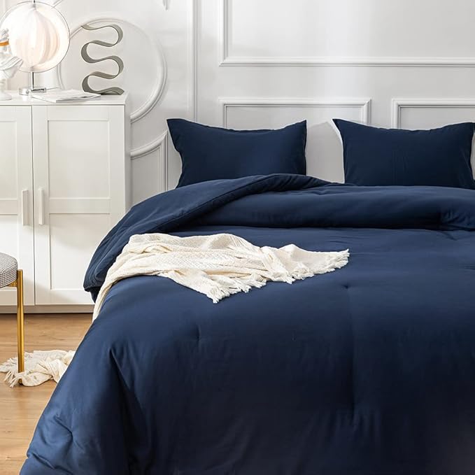 Pureant Navy Blue Comforter Full Set Dark Blue Bedding Comforter Set Solid Navy Full Blanket Quilts Men Women Cotton Blue Full Size Comforter Breathable Soft Navy Blue Comforter with 2 Pillowcases