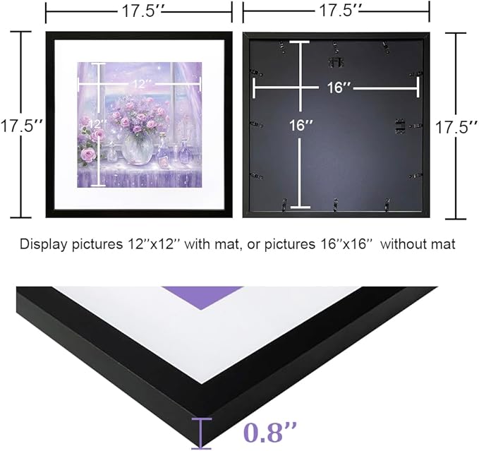 THREELOVE 16x16 Frame Black, Display Picture 12x12 with mat or 16x16 Without mat, Photo Poster Picture Frame Wall Mounting Home Decor, 1-PCS