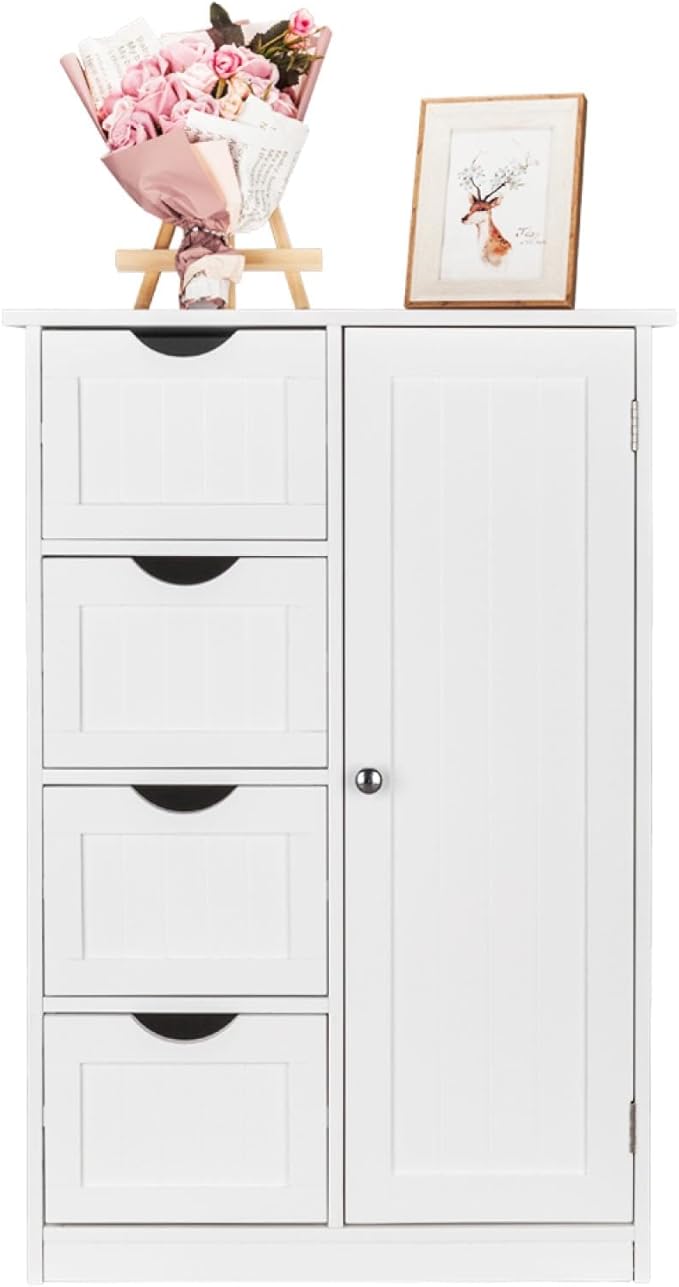 Side Storage Organizer with 4 Drawers of Medium Density fiberboard Single Door Bathroom Cabinet, Independent Entrance Storage Unit Console, Bathroom Furniture and Home Decoration, White