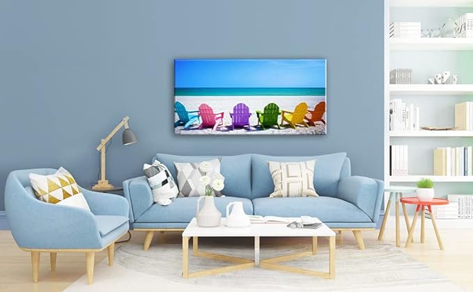 Beach Canvas Wall Art for Living Room, PIY Blue Sea with Colorful Chairs Picture Prints Decor, Relax Leisure Time Home Decorations (Waterproof, Ready to Hang, 30x60 Extra Large)