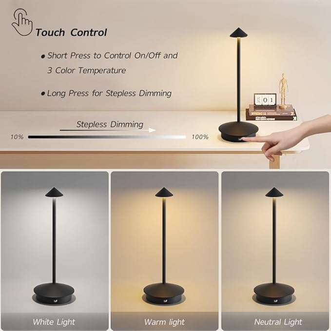 LED Cordless Table Lamps, Portable Rechargeable 6000mAh Outdoor Lights, 3 Color Stepless Dimming Battery Powered Bedside Table Lamp,wireless Touch Lamp For Bedroom/Kitchen Lamp/Camping/Patio(Black）