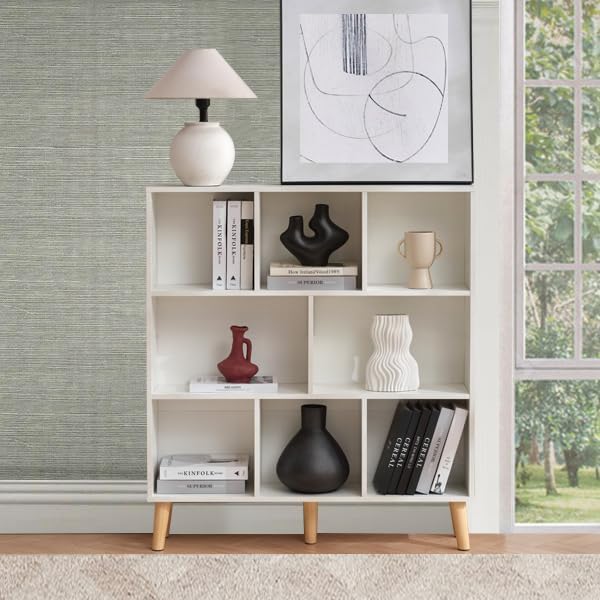 8 Cube Wood Bookshelf, 3 Tier Modern Bookcase with Legs, Open Display Cubby Bookshelf Freestanding Book Shelves for Home Office, Living Room, Bedroom, Brown