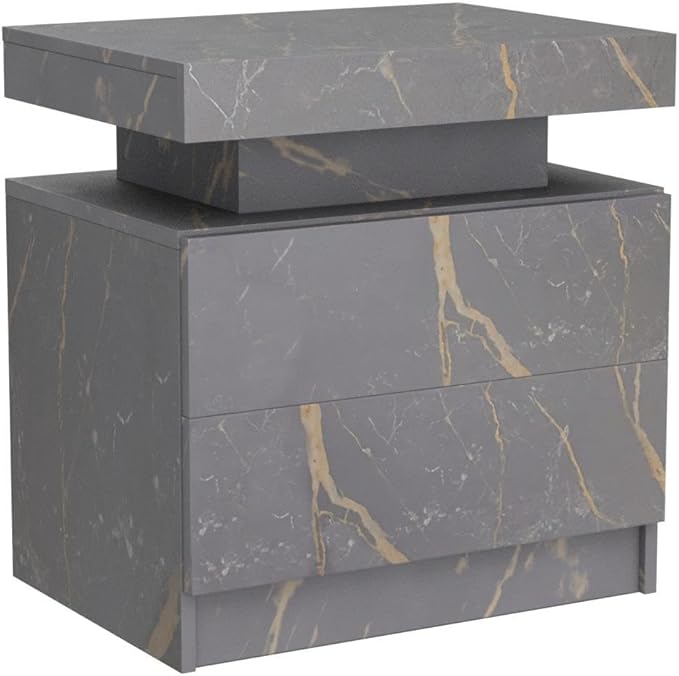 LED Nightstands, Bedside Table with 2 Drawers, Side Table with Changing RGB Light & Remote, Modern Bedroom Furniture, Grey Marble Pattern