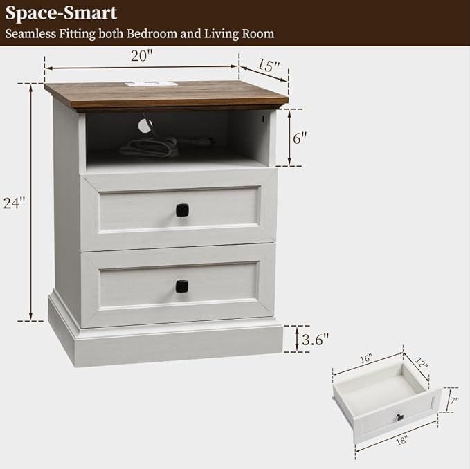 Night Stand Set 2 with Charging Station, Bedside Table with 2 Drawers Storage and Open Shelf, Wood Farmhouse Nightstands with Outlets for Bedroom Office, White