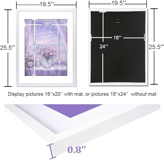THREELOVE 18x24 Frame White, Display Picture 16x20 with mat or 18x24 Without mat, Photo Poster Picture Frame Wall Mounting Home Decor, 1-PCS