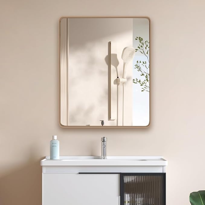 Gold 24x36 Inch Metal Framed Mirror for Wall, Large Rounded Rectangle Mirror, Anti-Rust, Tempered Glass, Hangs Horizontally or Vertically