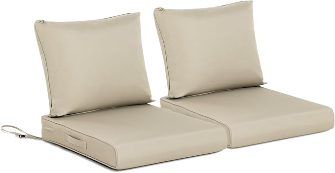 BPS 23x26 Inch Deep Seat Outdoor Cushions Set of 2, Khaki Fade-Resistant and Water-Resistant Patio Chair Cushions for Wicker Chairs, Sofas, Love Seats