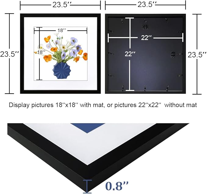 THREELOVE 22x22 Frame Black, Display Picture 18x18 with mat or 22x22 Without mat, Photo Poster Picture Frame Wall Mounting Home Decor, 3 PCS