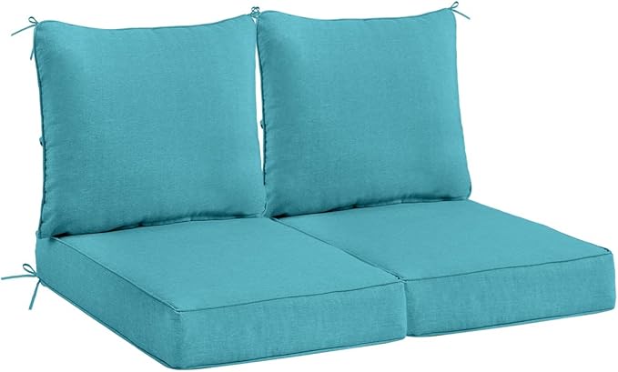 Sundale Outdoor Olefin Deep Seat Cushion Set of 2, Patio Chair Cushion and Pillow, Water-Resistant Sectional Sofa Pad with Straps Teal, 24 x 24 x 4 Inches