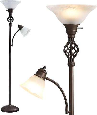 Torchiere Floor Lamp for Living Room, LED Standing Reading Light for Bedroom with Glass Shade for Living Room Corner Bedroom Home Office,Bulbs Included (Red Brown,Glass 2 Head)