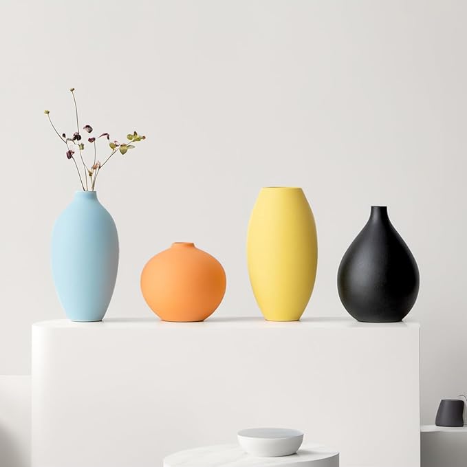 Small Ceramic Matte Vase Set 4 for Modern Home Decor Flower Decoration Office,Bookdesk, Bookshelf, centerpieces, Tables, Living Room, Dining Table, Bedroom Shelf Entryway Ornament Gift