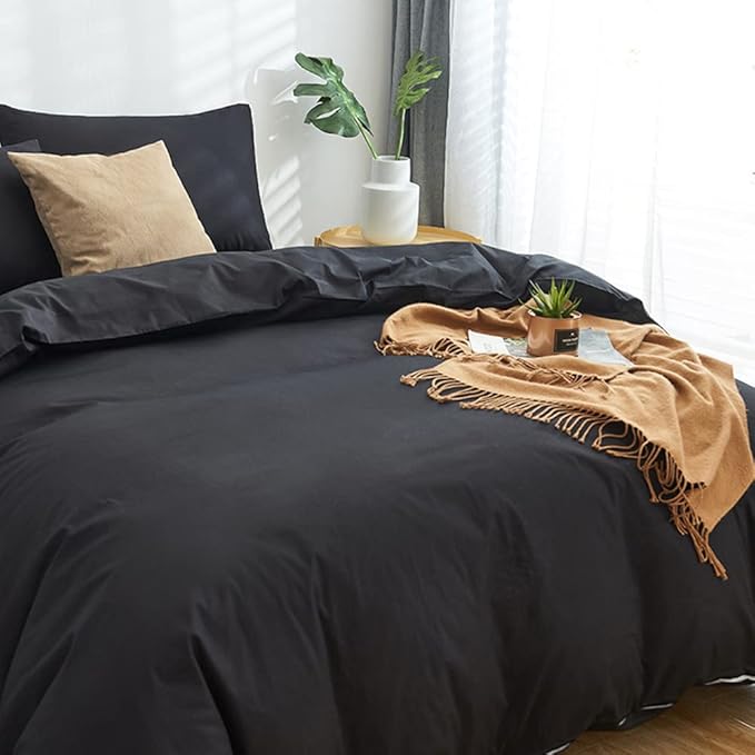 CLOTHKNOW Black Full Size Comforter Sets All Black Bedding Comforter Sets Soft All Season Comforter with 2 x Pillow Cases