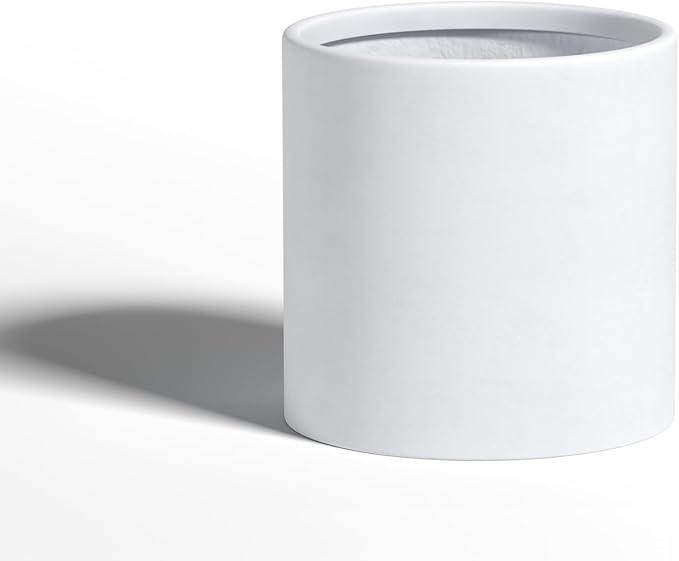 DTY Signature Mount Powell Fiberstone Planter - 14 Inch Large White Cylindrical Mid-Century Modern Home Decor Indoor & Outdoor Plant Pot - Durable Planters for Indoor Plants, Outdoor Spaces