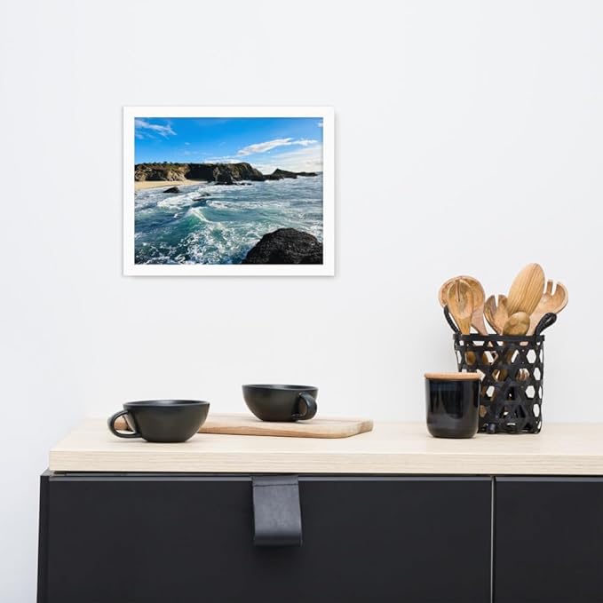 Bodega Bay Coastal Wall Art – Framed Ocean Photography Print – California Nature Landscape Poster – Seascape Decor for Living Room or Bedroom (11x14 inches) - Wooden Framed (White)