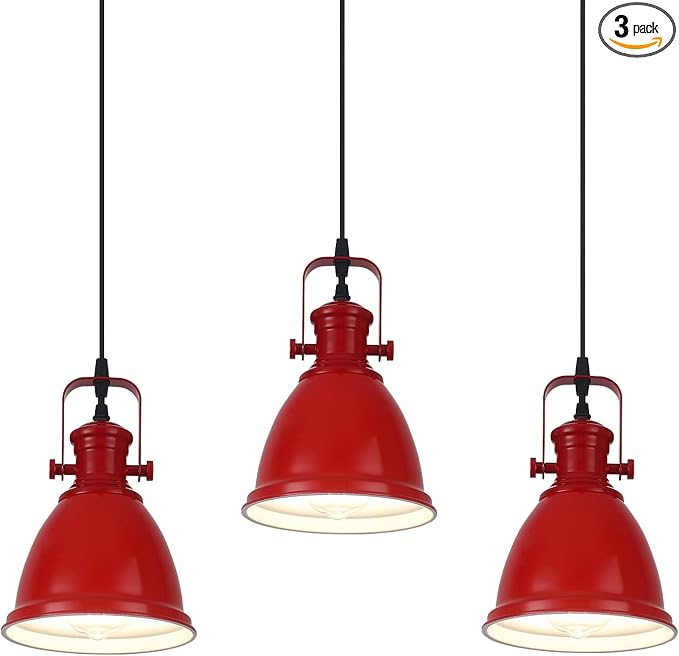Red Pendant Lights Kitchen Island 3 Pack, Vintage Pendant Light, 6.5’’ Farmhouse Pendant Light Fixtures, Adjustable Height, Pendant Lighting for Dining Room, Living Room, Sink, Bar