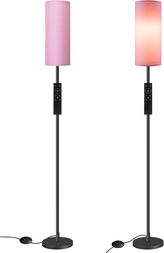 2 Pack Dimmable Pink Floor Lamps for Living Room with 2 Remotes and Foot Switch, Corner Floor Lamp, 66'' Standing Tall Lamp, 10W 900LM Bulb Included, 3000K-6500K, Linen Shade, FCC Listed P06LDP205W1
