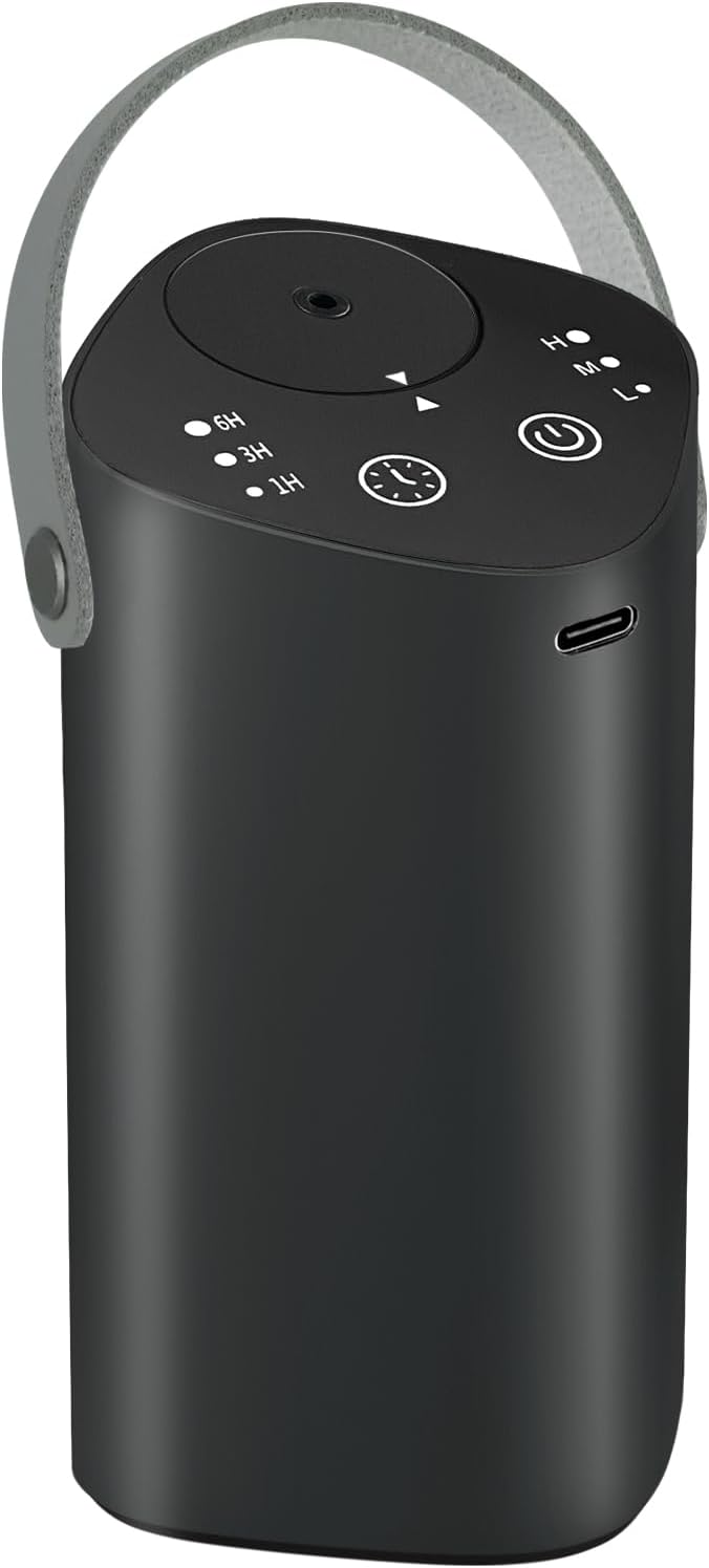 Car Waterless Essential Oil Diffuser with Handle, Timer (1/3/6H & Off), L/M/H Mist, Small Scent Aromatherapy Diffuser, Rechargeable Portable Cordless Air Aroma Diffuser for Home Office Bathroom, Black