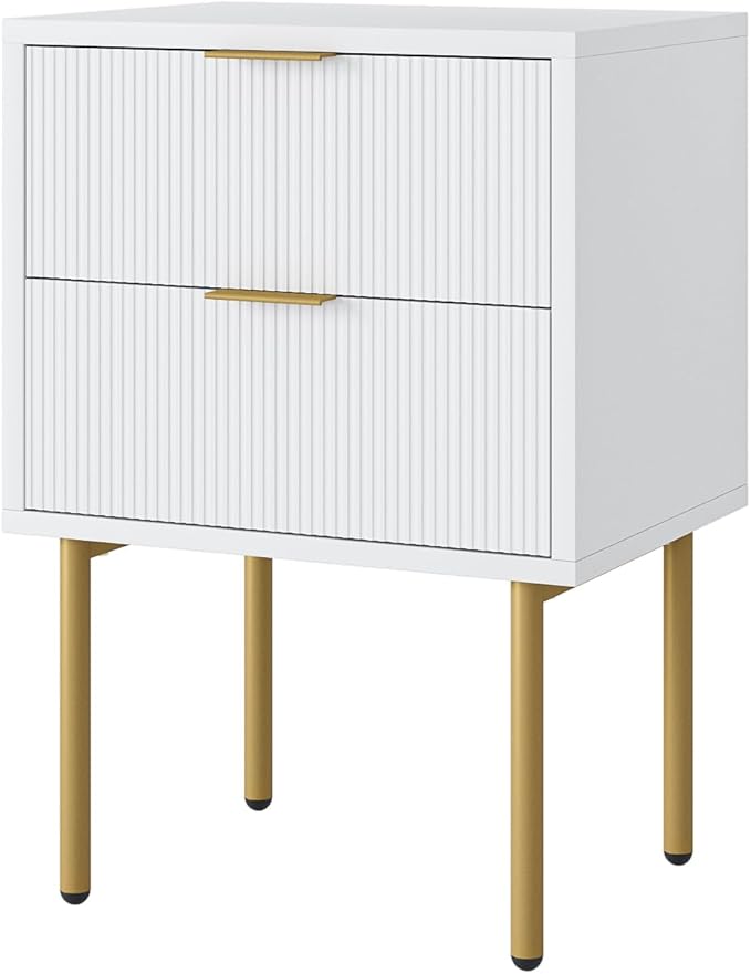 Nightstand,Morden Bedside Table with Gold Frame,Small White Night Stand,End Table,Bedside Furniture,Side Table with Drawer and Shelf for Bedroom,Living Room (2Drawers, White.)
