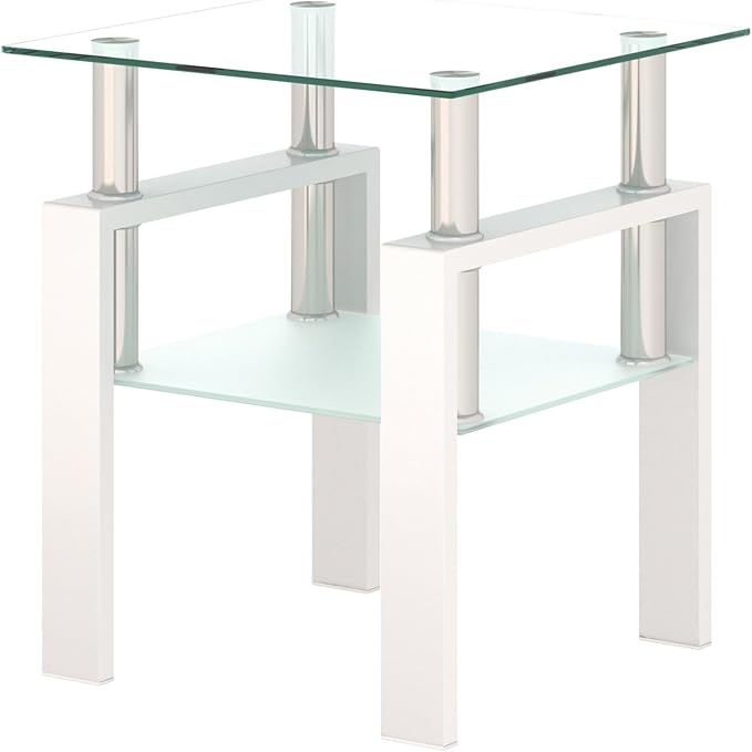 IANIYA Modern Glass End Table, 2-Tier Side Table with Tempered Glass Top & Metal Legs, Night Stand Corner for Living Room, Bedroom, White