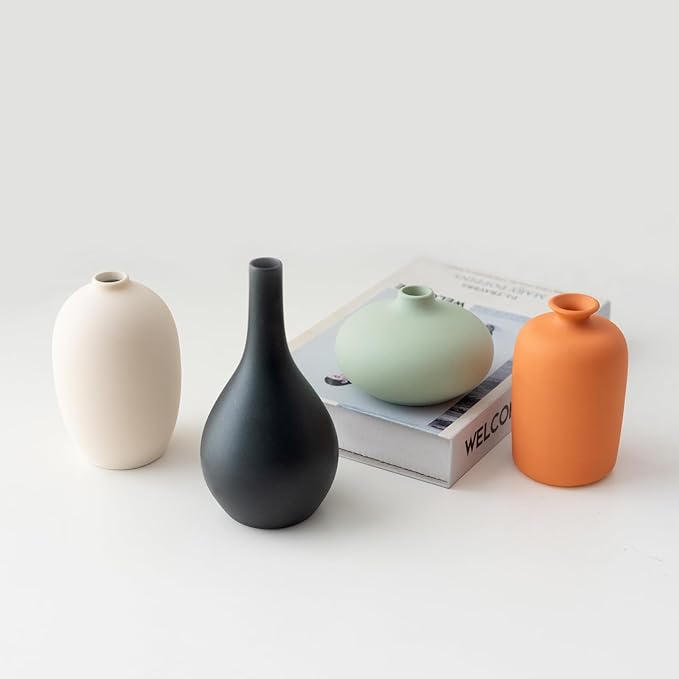 Small Matte Ceramic Vase Set of 4 - Rustic Farmhouse Decorative Vases for Shelf,Office, Home & Bohemian Style - Modern Decor Design Living Room, Table, Mantel,Colorful Unique Flower Vases