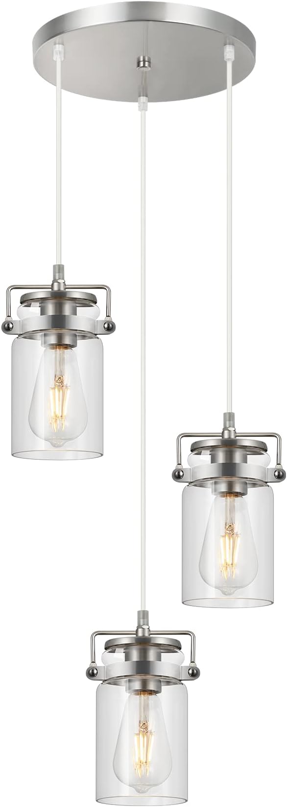 Pendant Lighting for Kitchen Island, Modern Glass Pendant Light Linear Chandelier for Dining Room Industrial 3 Light Hanging Light Fixture Adjustable Cord Farmhouse Ceiling Light Brushed Nickel Finish