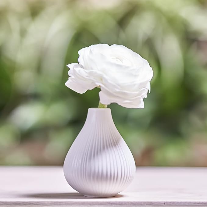 Chive ‘Frost’ Ceramic Flower Vase — Set of 6 Beautiful Small Bud Vases for Flowers & House Plants — Perfect Shelf Centerpieces and Living Room Decor — White