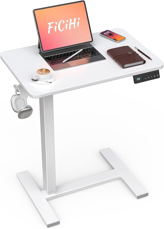 Mobile Standing Desk with Wheels - Electric Height Adjustable Small Movable Laptop Desk, Portable Rolling Computer Workstation Sit Stand Table for Home Office, Sofa & Bedside Use (23.6", White)