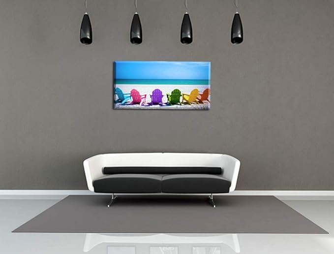 Beach Canvas Wall Art for Living Room, PIY Blue Sea with Colorful Chairs Picture Prints Decor, Relax Leisure Time Home Decorations (1" Thick Frame, Waterproof, Bracket Mounted Ready Hanging)
