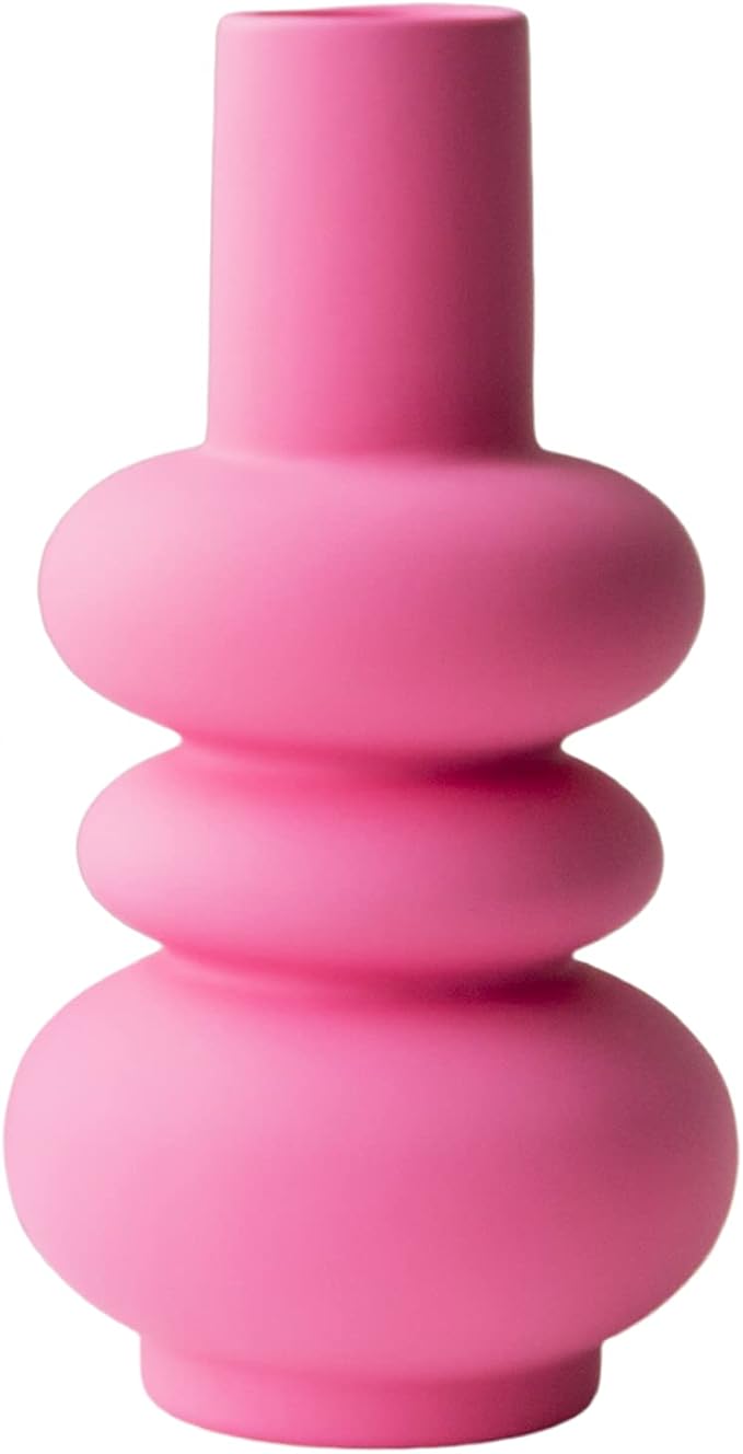 BLOFLO Hot Pink Ceramic Vase, Colorful Ceramic Vase, Modern Dried Flower Vases, Pink Round Vase for Centerpieces Wedding Dinner Table Party Office, Housewarming Gift (3 Layers Pink)