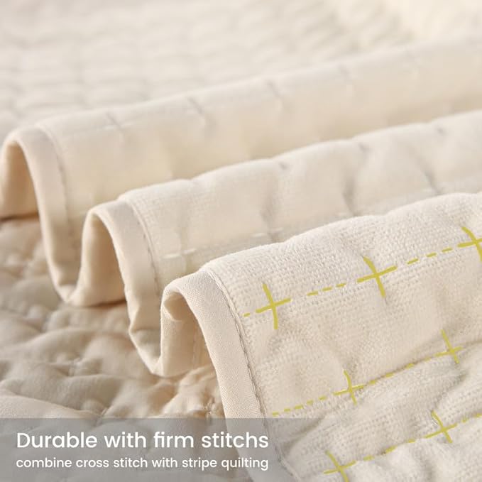 Velvet Quilt Twin Size Set,Luxurious Reversible Quilted Bedspread Bedding Set, Lightweight Coverlet with Brushed Back,Ultra Soft Cozy Warm for All Season,Cross Stitch Striped, Cream,Twin