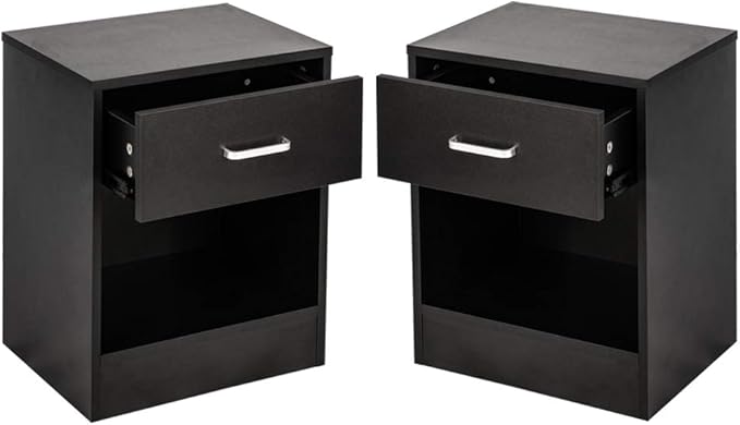 Karl home Nightstand Set of 2, Wood Nightstand for Bedroom, Bedside Table Set 2 with Open Shelf, Modern Night Stand Set of 2, End Table, Black