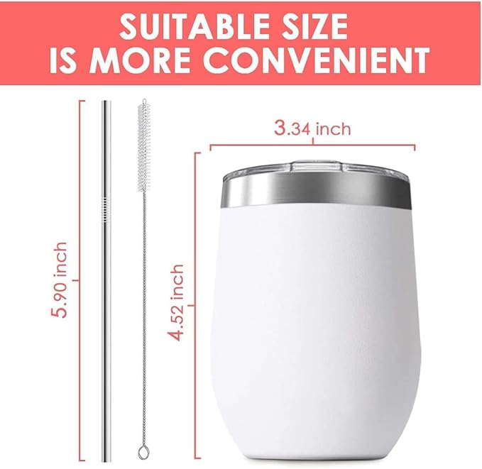12oz Wine Tumbler with Lid With straw Stainless Steel Wine Tumbler Cups Double Wall Vacuum Insulated Travel Mugs Stemless Cup 12 Pack (Assorted Colors)