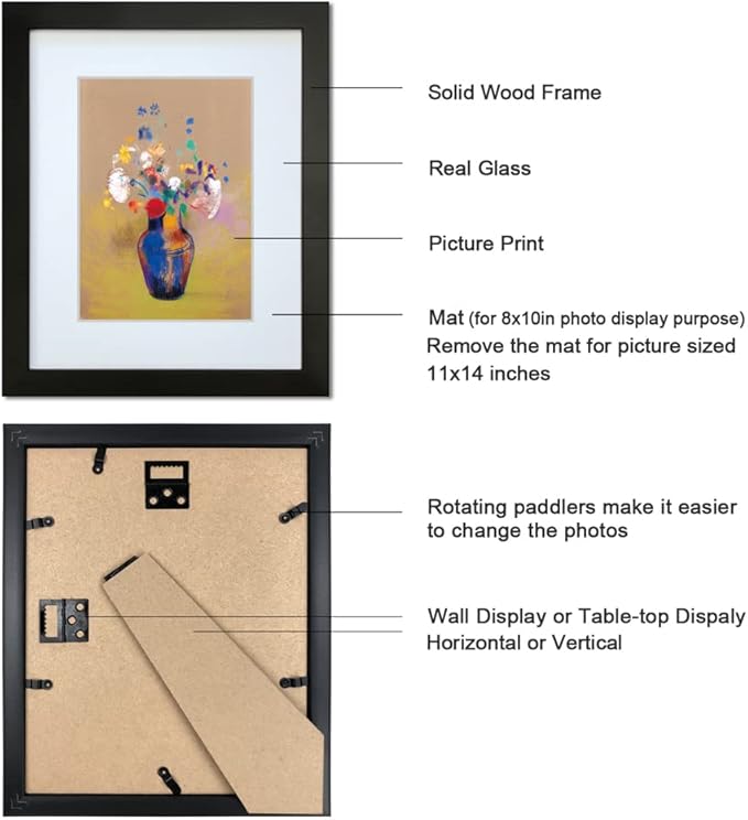 11x14 Picture Frame Set of 2 Made of Solid Wood Photo Frames with Real Glass for Pictures 8x10 with Mat or 11x14 Without Mat, Wall Mounting or Tabletop display Photo Frames in Black