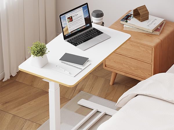 Medical Overbed Adjustable Bedside Table with Hidden Casters, Pneumatic Mobile Rolling Laptop Standing Desk with Tray for Home and Hospital Use, White