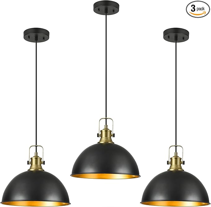 12 Inch Black Farmhouse Pendant Lights for Kitchen Island Industrial Pendant Lighting Adjustable Height Vintage Dome Hanging Light Fixtures for Barn, Dining Room 3 Packs